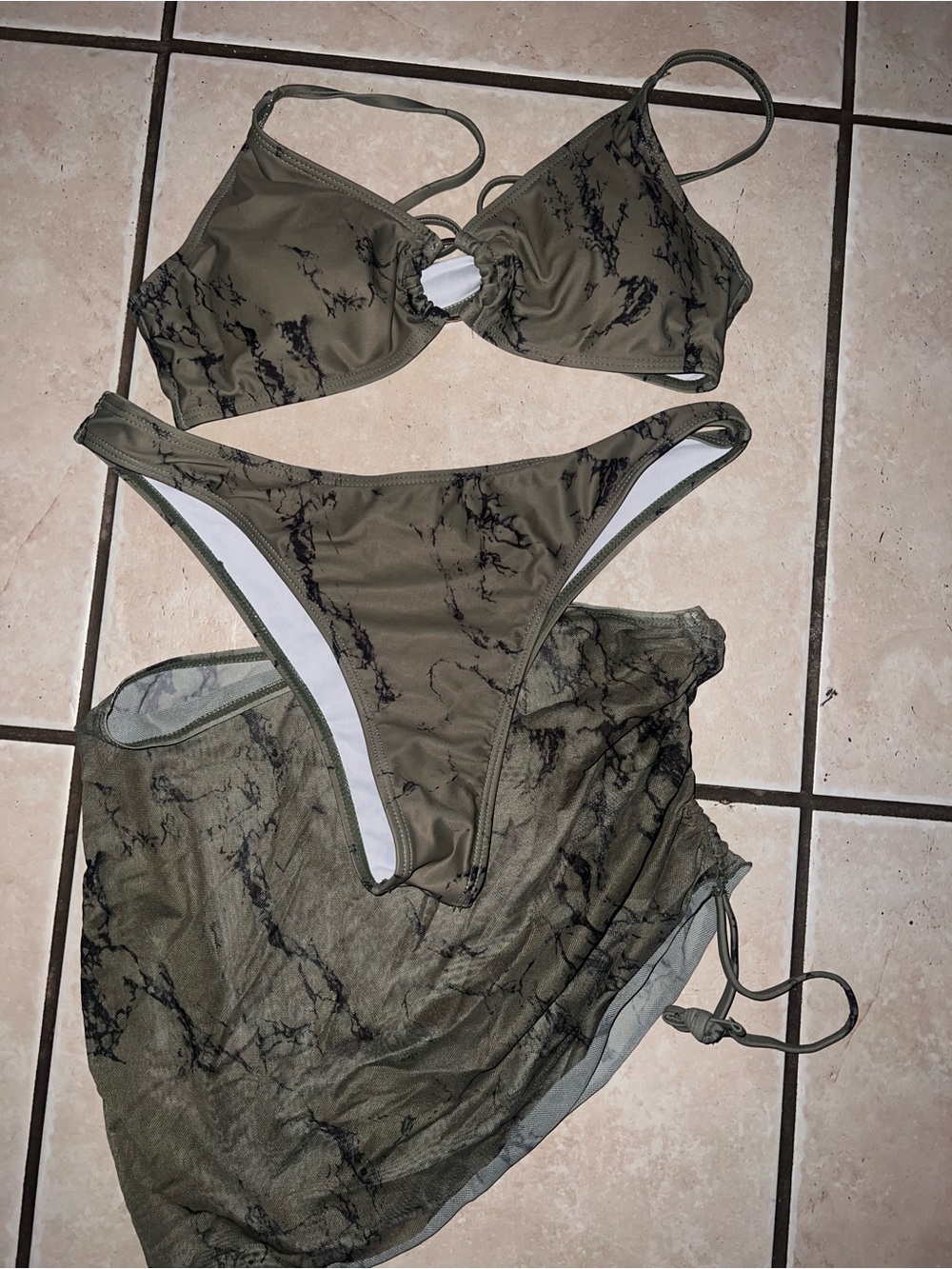 NWOT SHEIN Olive Green Marble Print Bikini Set with Sarong